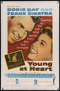 5a310 YOUNG AT HEART linen 1sh '54 great close up image of Doris Day & Frank Sinatra!