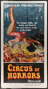 5b035 CIRCUS OF HORRORS linen 3sh '60 outrageous horror art of trapeze girl hanging by her neck!