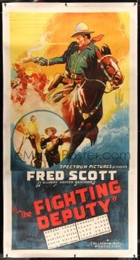 5b038 FIGHTING DEPUTY linen 3sh '37 art of cowboy Fred Scott w/ gun on horseback & w/ guitar, rare!