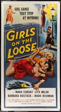 5b042 GIRLS ON THE LOOSE linen 3sh '58 classic catfight art of girls in gangs who stop at nothing!