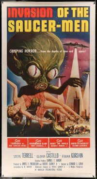 5b046 INVASION OF THE SAUCER MEN linen 3sh '57 Albert Kallis art of cabbage head alien & sexy girl!