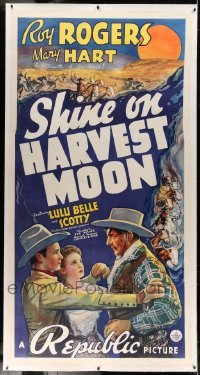 5b055 SHINE ON HARVEST MOON linen 3sh '38 great art of Roy Rogers protecting Lynne Roberts!