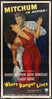 5b063 WHERE DANGER LIVES linen style B 3sh '50 Zamparelli art of Robert Mitchum grabbing Domergue!