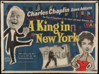 5b133 KING IN NEW YORK linen British quad '57 different image of Charlie Chaplin & sexy Dawn Addams