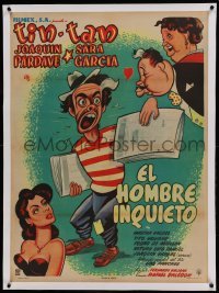 5b117 EL HOMBRE INQUIETO linen Mexican poster '53 great art of German Valdes as Tin-Tan the newsboy!