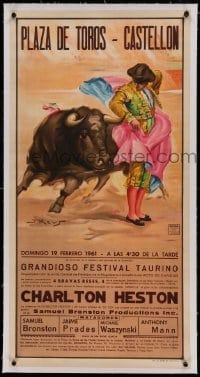 5b184 CHARLTON HESTON linen 21x42 Spanish bullfight poster '61 when he was given key to the city!