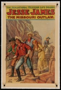 5b162 JESSE JAMES linen 20x30 stage poster 1910s Missouri Outlaw, art of cowboys & captive woman!