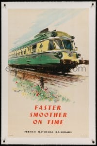 5b167 FRENCH NATIONAL RAILROADS linen 25x39 French travel poster '58 Brenet art of diesel train!