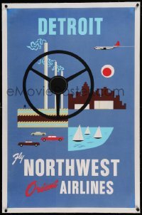 5b169 NORTHWEST ORIENT AIRLINES DETROIT linen 26x40 travel poster '60s art of airplane over city!