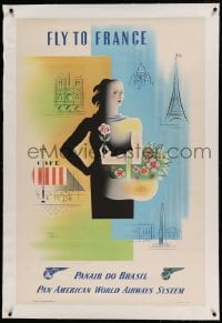 5b172 PAN AMERICAN FRANCE linen 28x42 travel poster '49 Jean Carlu art of woman & landmarks!