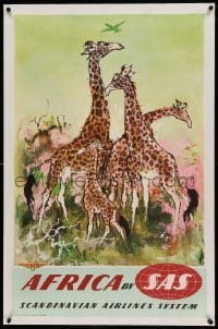 5b173 SAS AFRICA linen 25x39 Danish travel poster '50s Otto Nielsen wildlife art of giraffes!