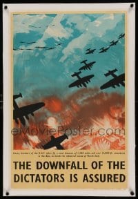 5b159 DOWNFALL OF THE DICTATORS IS ASSURED linen 20x30 English WWII war poster '43 art of bombers!