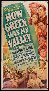 5c010 HOW GREEN WAS MY VALLEY style B 3sh '41 John Ford classic, stone litho art of top cast, rare!