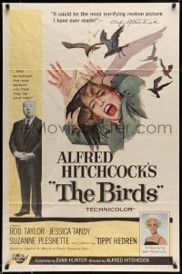 5c025 BIRDS 1sh '63 director Alfred Hitchcock shown, Tippi Hedren, classic intense attack artwork!