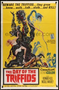 5c026 DAY OF THE TRIFFIDS 1sh '62 classic English sci-fi horror, cool art of monster with girl!