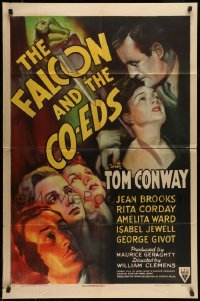 5c027 FALCON & THE CO-EDS 1sh '43 artwork of detective Tom Conway & pretty ladies under knife!