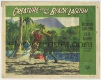 5c084 CREATURE FROM THE BLACK LAGOON LC #7 '54 Julia Adams watches Gozier attack monster on beach!