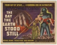 5c074 DAY THE EARTH STOOD STILL TC '51 classic art of Gort holding Patricia Neal, Michael Rennie!