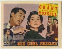 5c134 HIS GIRL FRIDAY LC '40 best c/u of Cary Grant tapping on Rosalind Russell's shoulder, rare!
