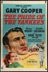 5c041 PRIDE OF THE YANKEES style A 1sh R49 Gary Cooper as Lou Gehrig, Babe Ruth himself in uniform!
