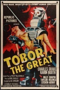 5c050 TOBOR THE GREAT 1sh '54 man-made funky robot with every human emotion holding sexy girl!