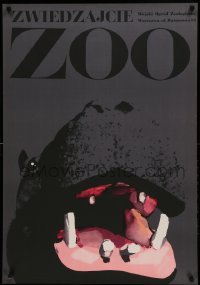 5d253 ZWIEDZAJCIE ZOO Polish 27x38 '67 great Waldemar Swierzy art of hippo with its mouth open!