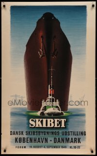 5d193 SKIBET 24x39 Danish museum exhibition '49 Hansen art of tugboat pulling huge ocean liner!