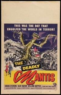 5d067 DEADLY MANTIS WC '57 art of soldiers attacking giant insect monster by Ken Sawyer!