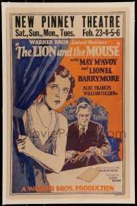5d071 LION & THE MOUSE linen WC '28 cool art of May McAvoy & Lionel Barrymore holding ticker tape!
