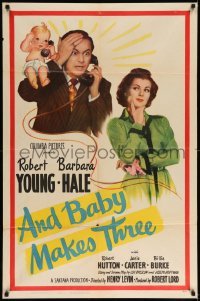5f171 AND BABY MAKES THREE 1sh '49 Robert Young, Barbara Hale, wacky art of baby!
