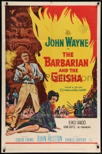 5f189 BARBARIAN & THE GEISHA 1sh '58 John Huston, art of John Wayne with torch & Eiko Ando!