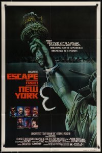5f376 ESCAPE FROM NEW YORK advance 1sh '81 Carpenter, art of handcuffed Lady Liberty by Stan Watts!