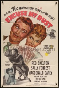 5f381 EXCUSE MY DUST 1sh '51 art of Red Skelton being kissed by two pretty girls!