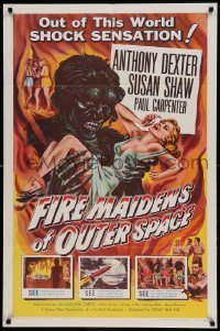 5f390 FIRE MAIDENS OF OUTER SPACE 1sh '56 great art of monster holding sexy babe by Kallis!