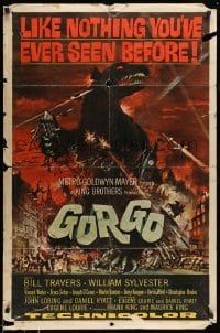 5f423 GORGO 1sh '61 great artwork of giant monster terrorizing city by Joseph Smith!