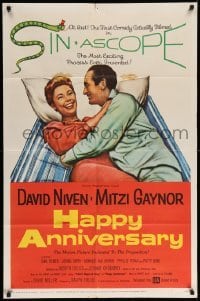 5f434 HAPPY ANNIVERSARY 1sh '59 great romantic art of David Niven & Mitzi Gaynor in bed!