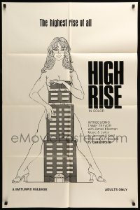 5f458 HIGH RISE 1sh '73 great art of giant naked woman towering over skyscraper!