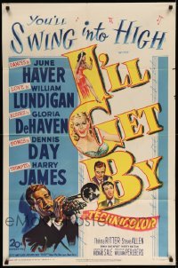 5f478 I'LL GET BY 1sh '50 sexy June Haver, Gloria DeHaven & Harry James playing his trumpet!