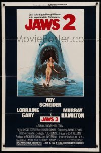 5f494 JAWS 2 1sh '78 great classic art of giant shark attacking girl on water skis by Lou Feck!