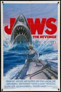 5f495 JAWS: THE REVENGE 1sh '87 great artwork of shark attacking ship, this time it's personal!