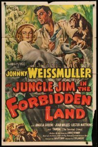 5f500 JUNGLE JIM IN THE FORBIDDEN LAND 1sh '51 Cravath art of Johnny Weissmuller & fake manimals!