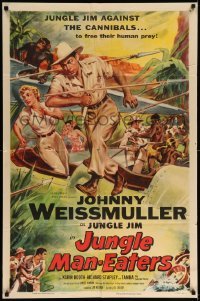 5f501 JUNGLE MAN-EATERS 1sh '54 Cravath art of Johnny Weissmuller as Jungle Jim vs cannibals!