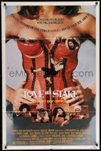5f548 LOVE AT STAKE 1sh '88 sexy wacky image of girl w/corset, witch hunts!