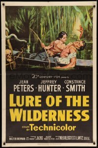 5f553 LURE OF THE WILDERNESS 1sh '52 art of sexy Jean Peters & wounded Jeff Hunter in swamp!