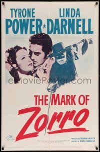 5f567 MARK OF ZORRO 1sh R58 masked hero Tyrone Power in costume & with young Linda Darnell!