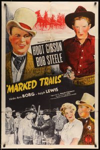 5f568 MARKED TRAILS 1sh '44 great stone litho of cowboy Bob Steele & dapper Hoot Gibson!