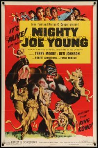 5f580 MIGHTY JOE YOUNG 1sh R53 first Ray Harryhausen, great art of ape rescuing girl from lions!