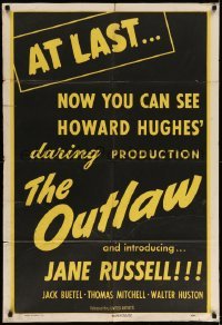 5f649 OUTLAW teaser 1sh '46 at last, now you can see Howard Hughes' daring production, rare!