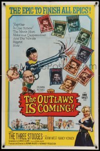 5f650 OUTLAWS IS COMING 1sh '65 The Three Stooges with Curly-Joe are wacky cowboys!