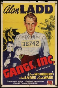5f654 PAPER BULLETS 1sh R1943 cool stone litho of Alan Ladd, who is now top billed, Gangs, Inc!